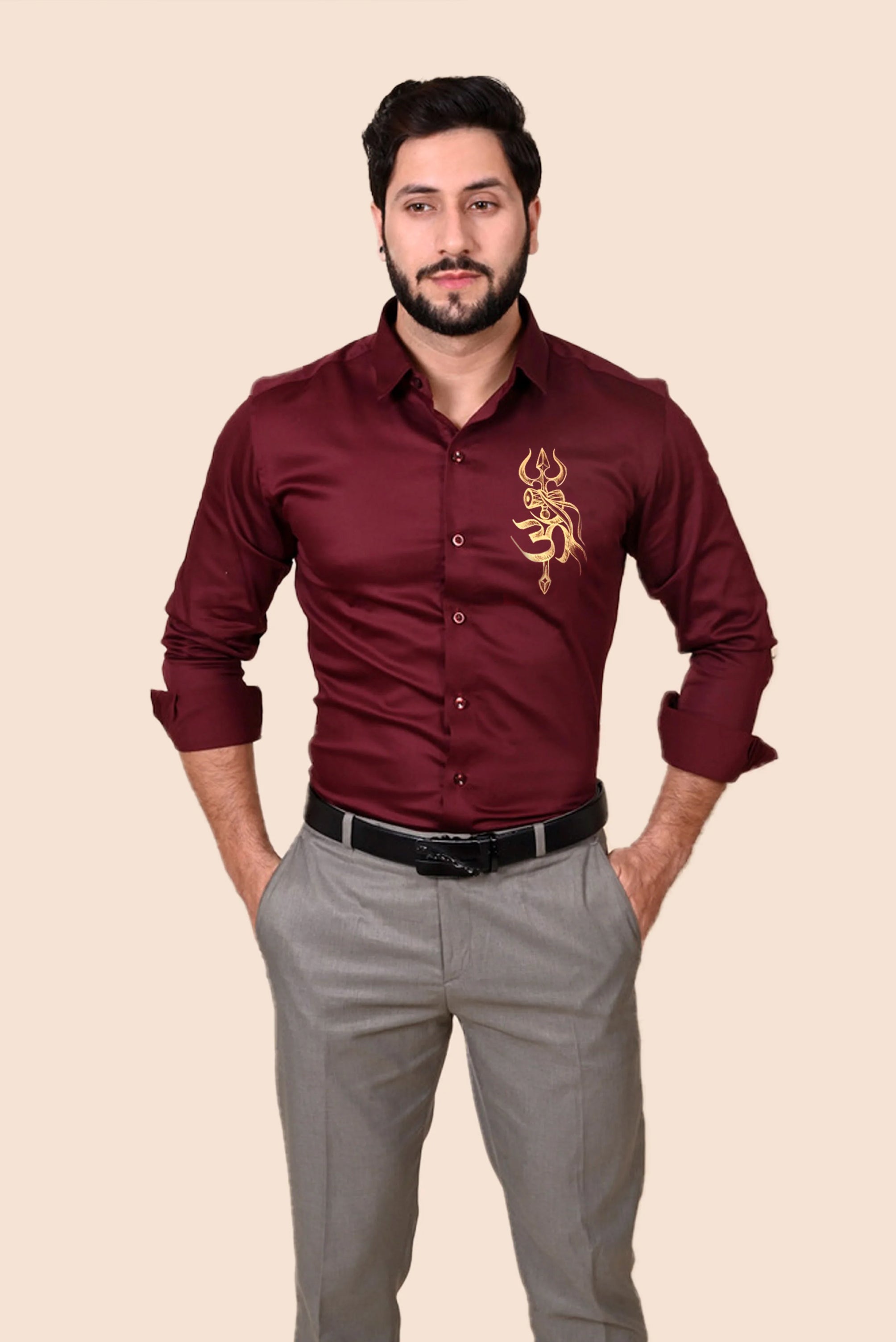 Trishul Maroon Handpainted Shirt