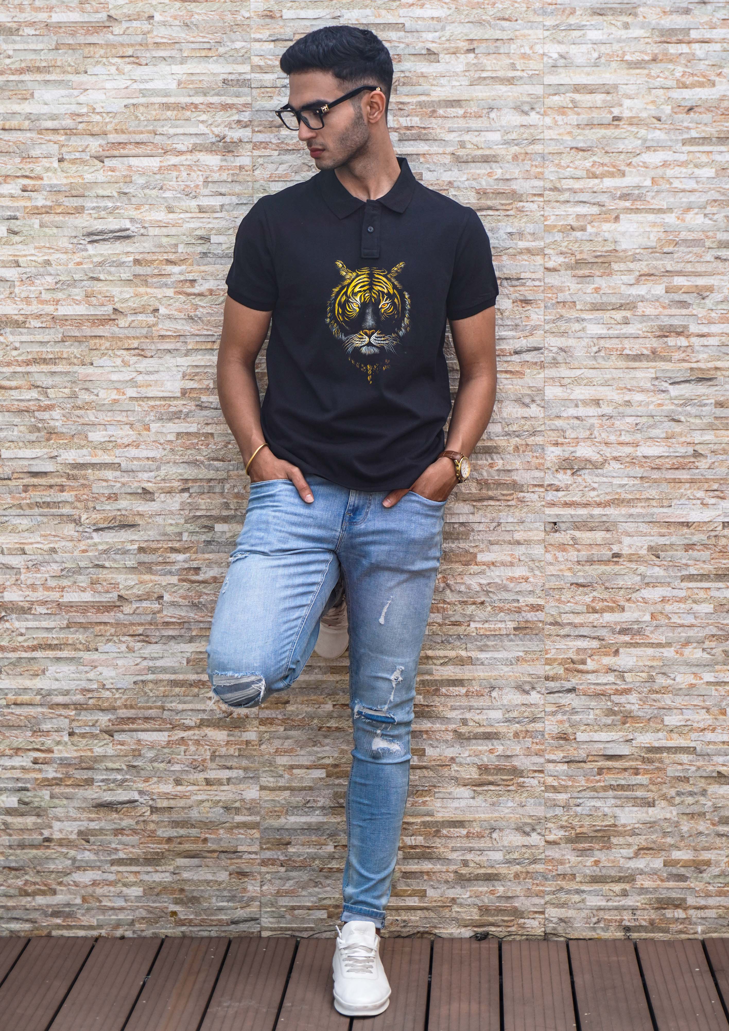 Royal Tiger Handpainted Polo T-shirt