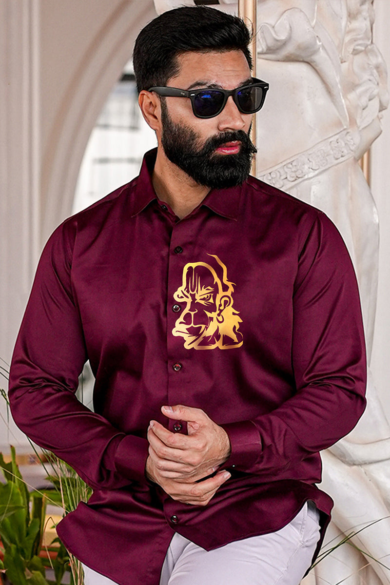 Golden Hanuman Maroon Handpainted Shirt