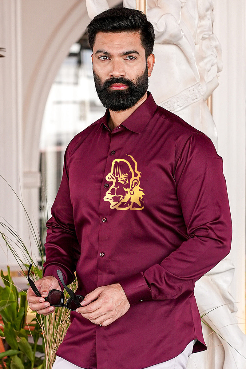 Golden Hanuman Maroon Handpainted Shirt