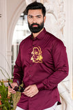 Golden Hanuman Maroon Handpainted Shirt