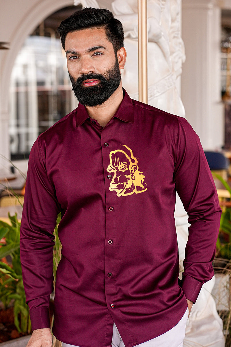 Golden Hanuman Maroon Handpainted Shirt