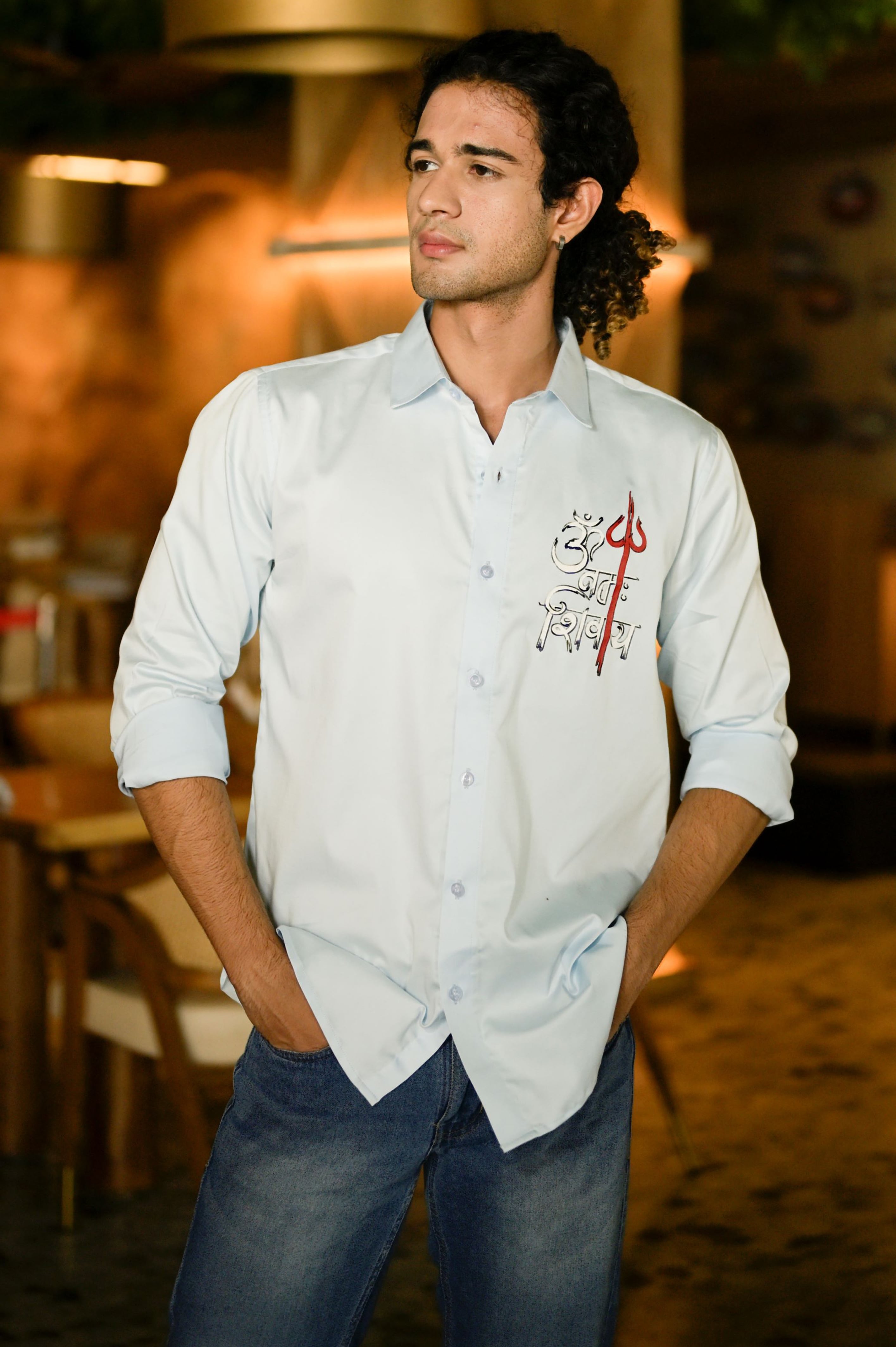Namah Shivay Light Blue Handpainted Shirt