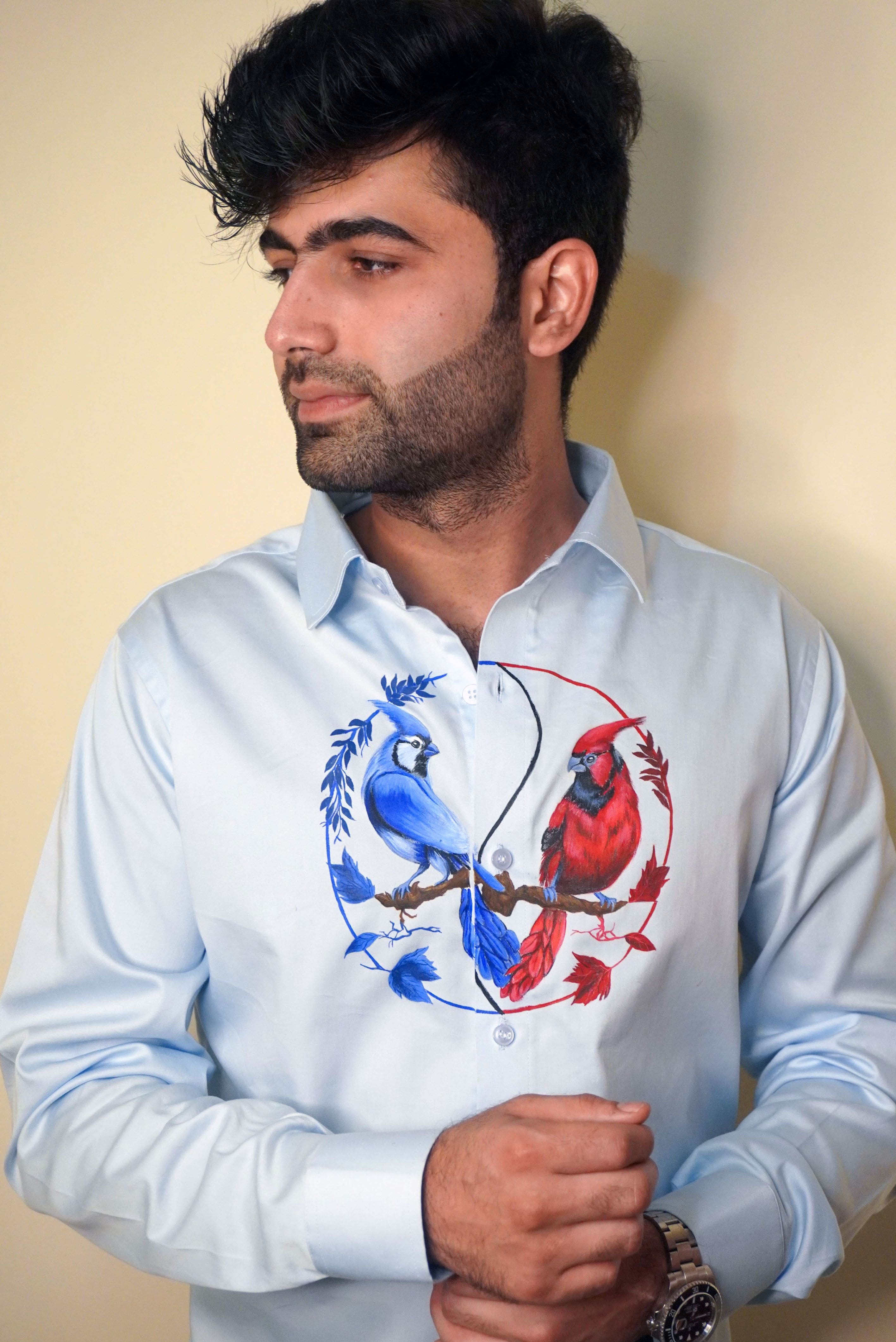 Birds Of Yin Yang Light Blue Handpainted Shirt