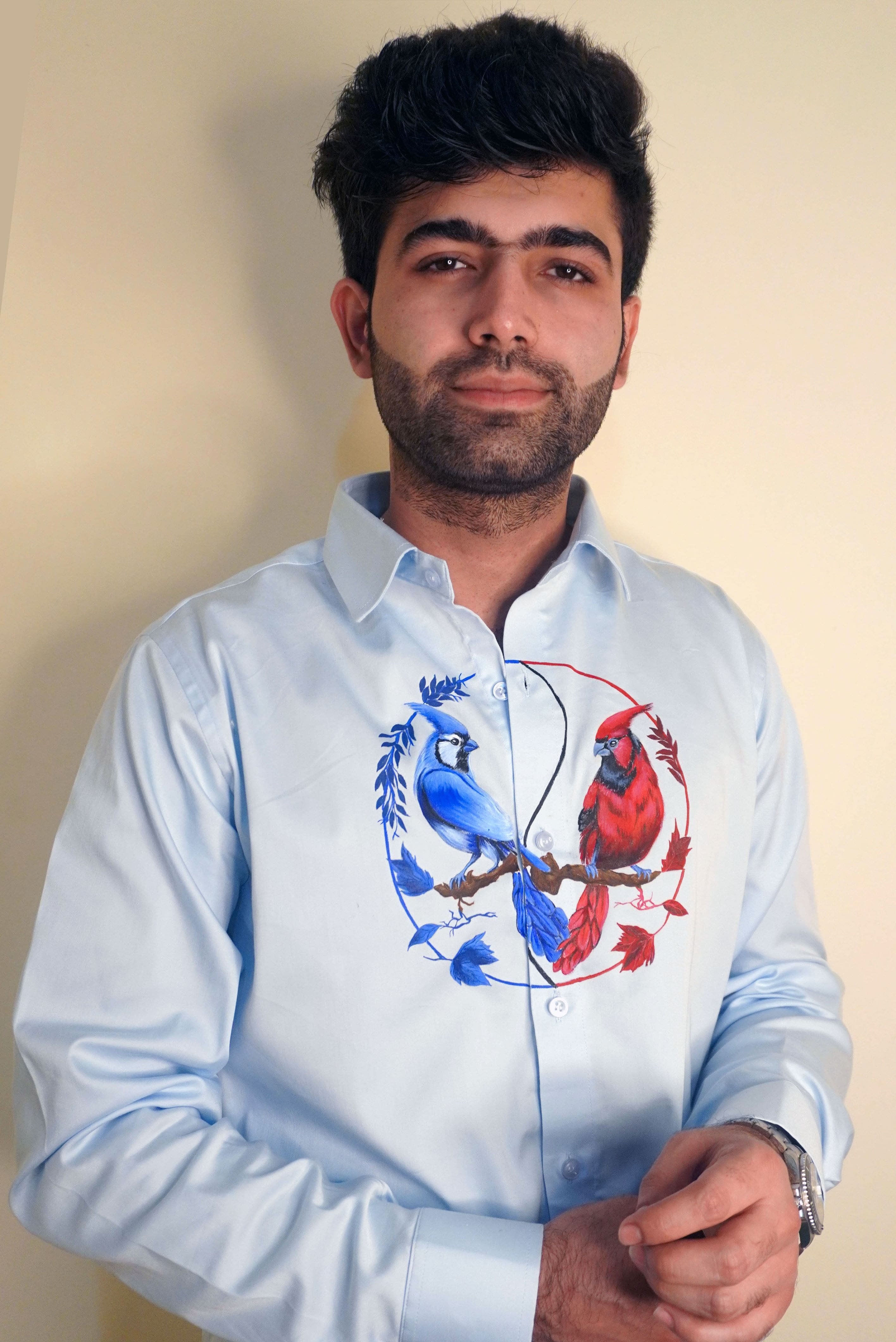 Birds Of Yin Yang Light Blue Handpainted Shirt