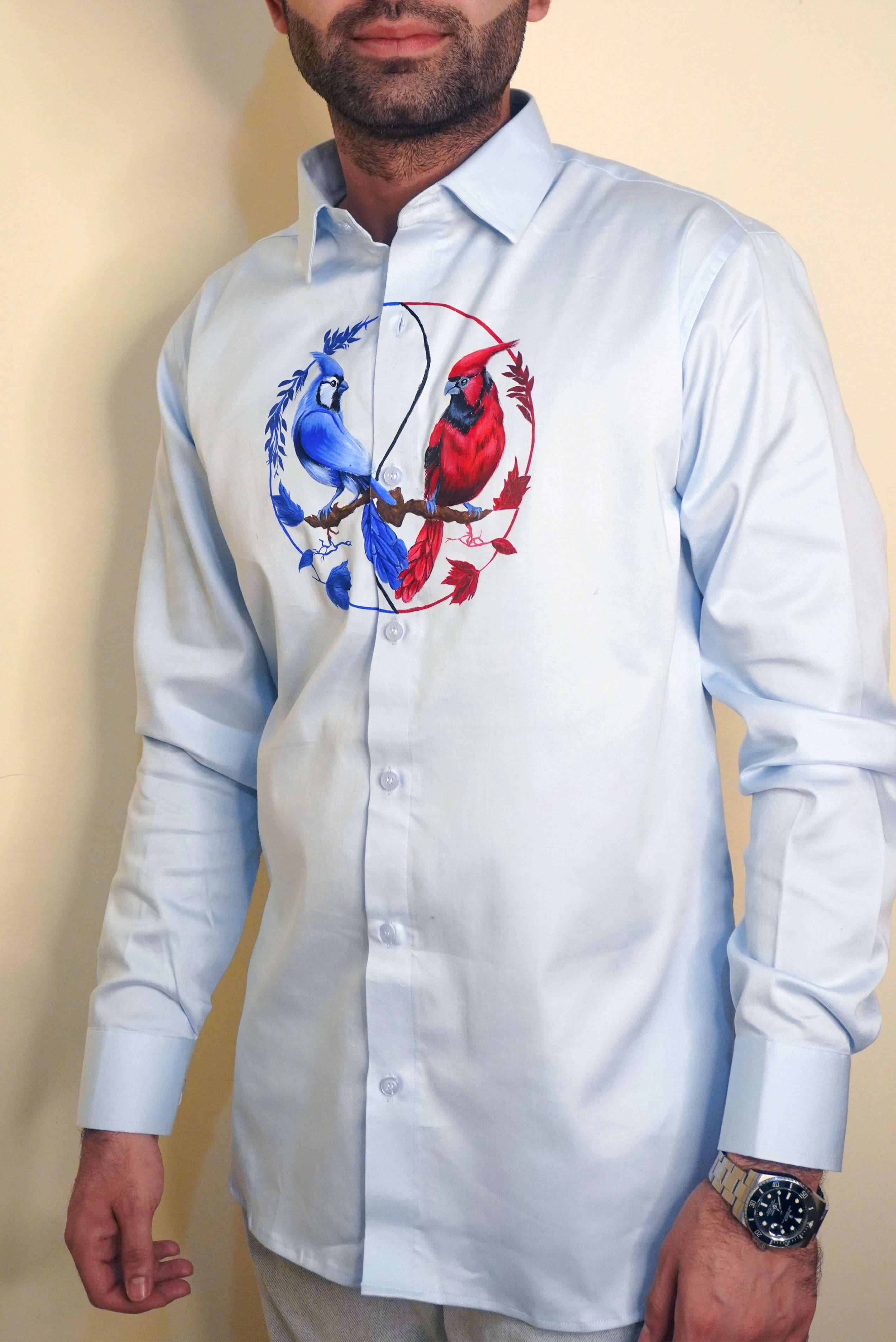 Birds Of Yin Yang Light Blue Handpainted Shirt