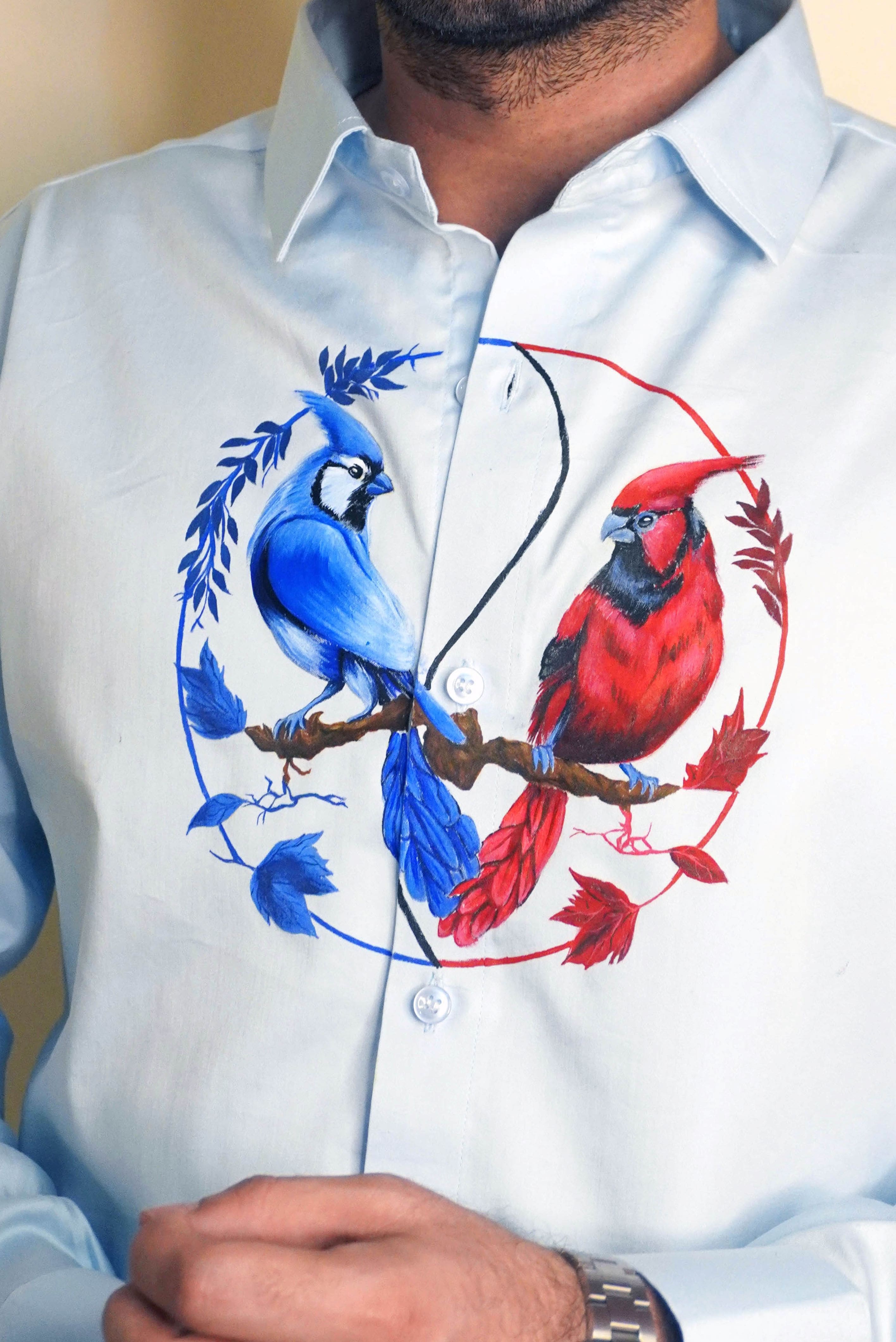 Birds Of Yin Yang Light Blue Handpainted Shirt