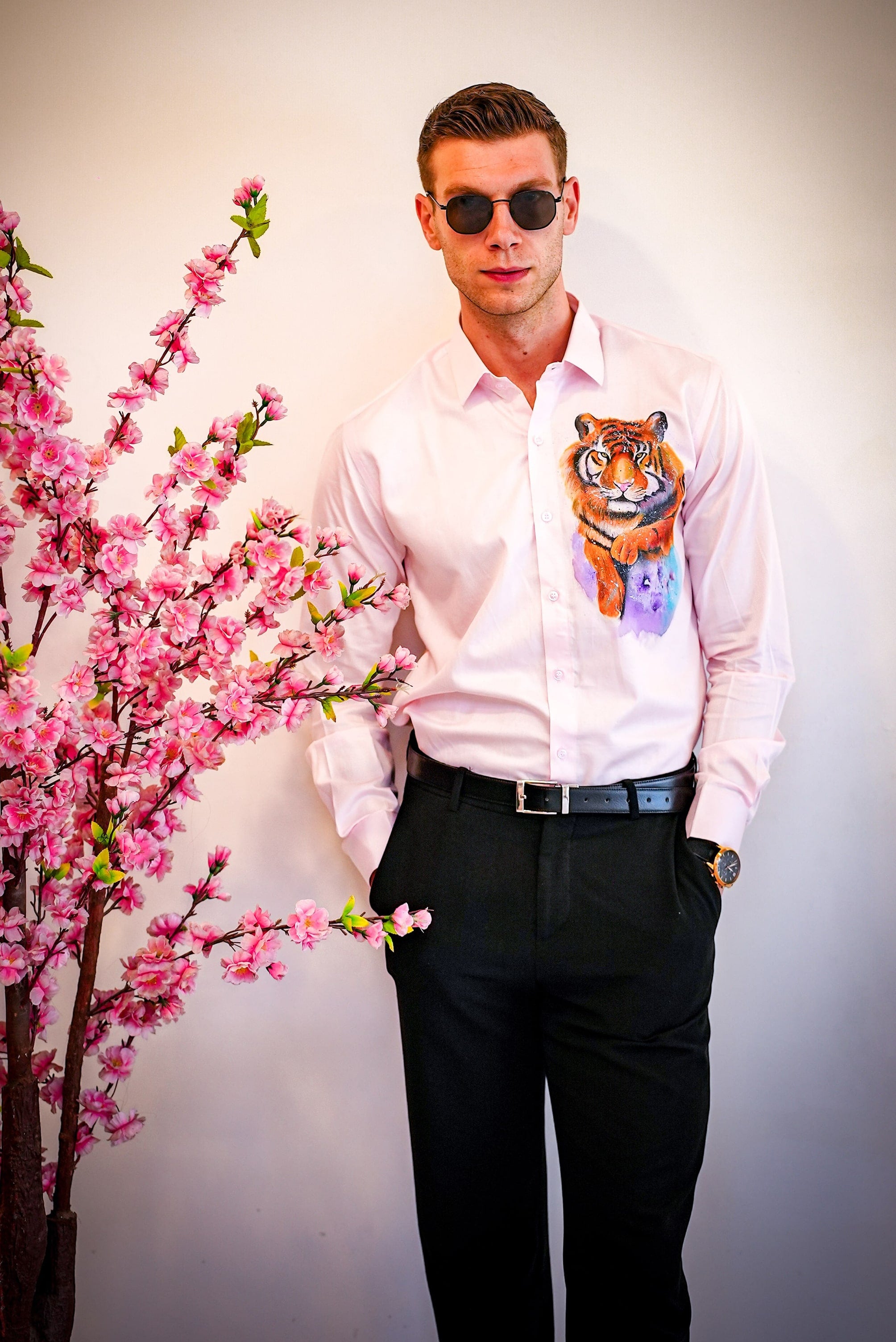 Prowling Tiger Pink Handpainted Shirt