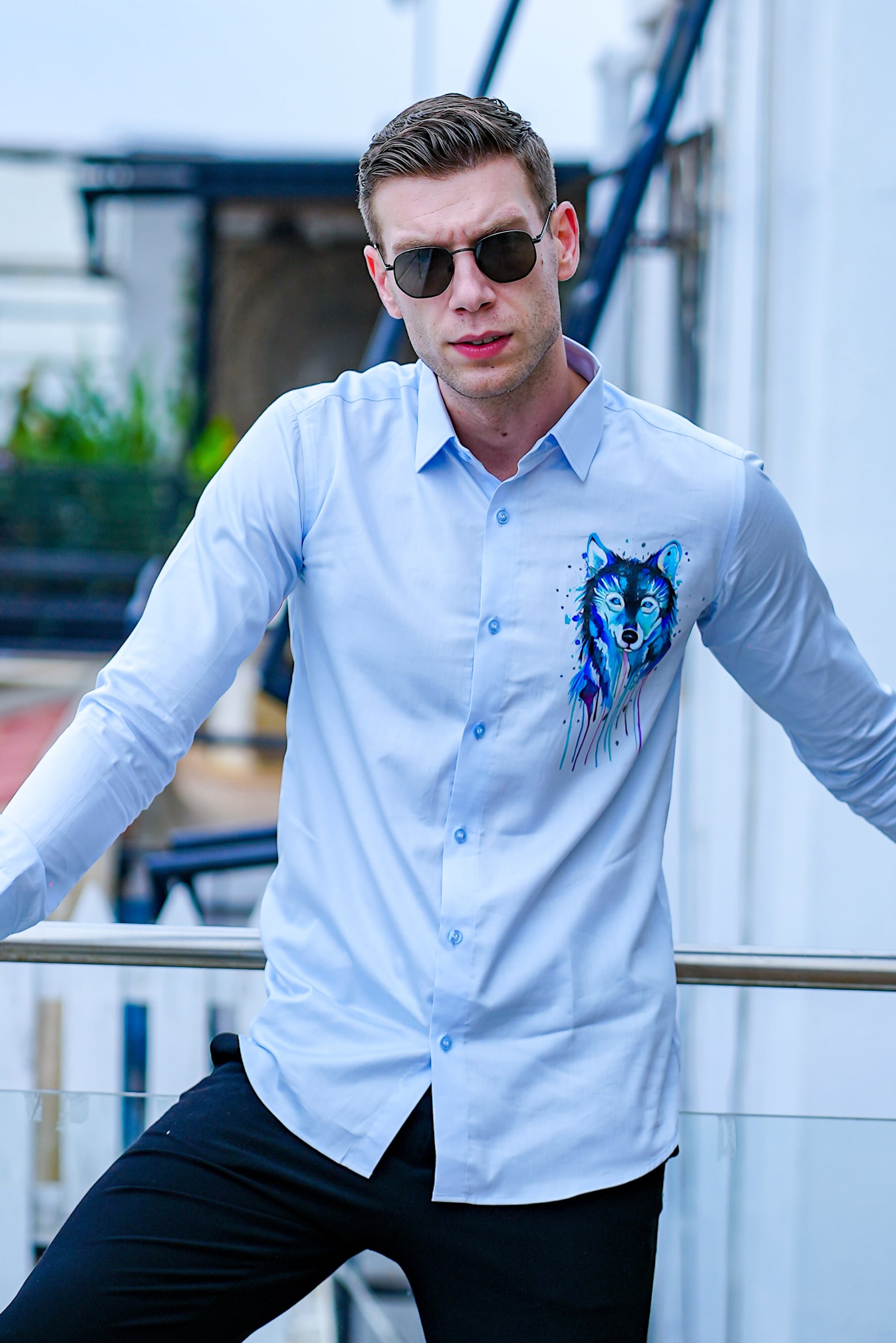 Indigo Wolf Handpainted Cotton Shirt