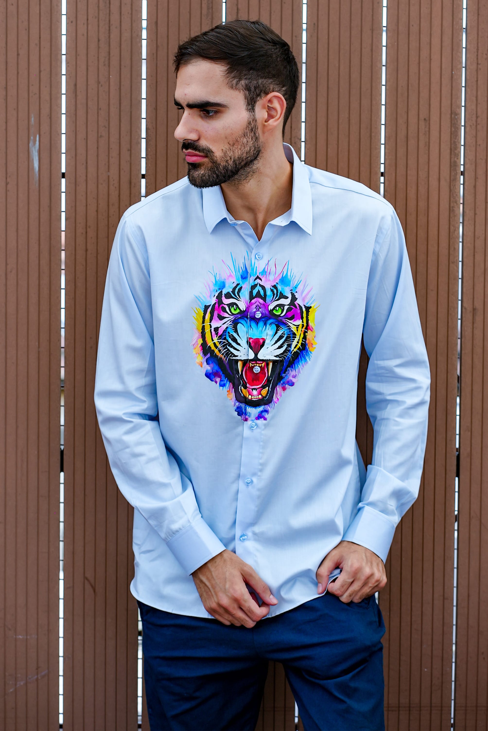 Vibrant Tiger Light Blue Handpainted Shirt