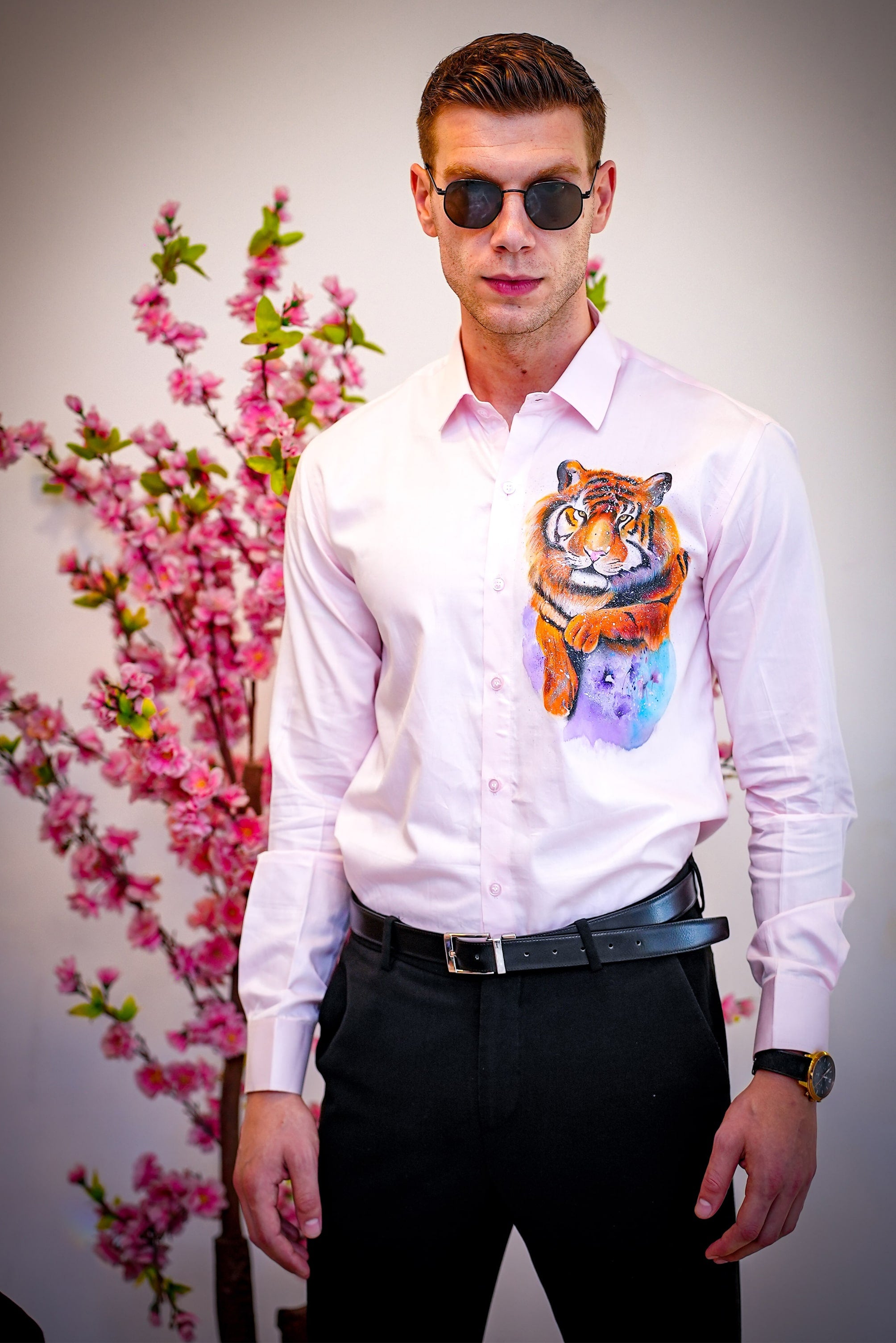 Prowling Tiger Pink Handpainted Shirt