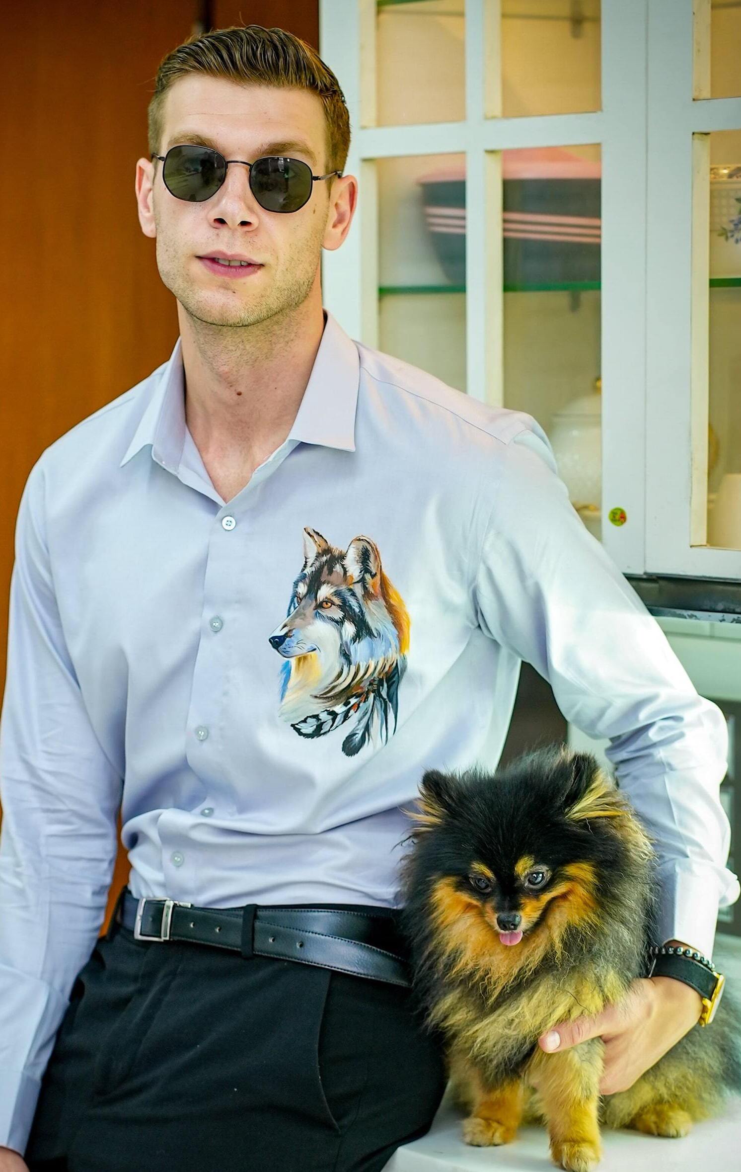 Tribal Wolf Grey Handpainted Shirt