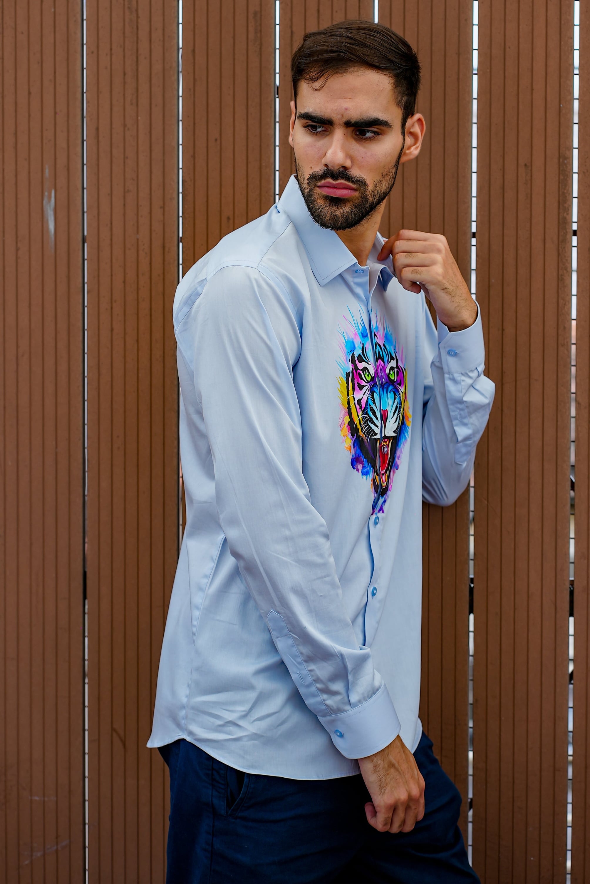 Vibrant Tiger Light Blue Handpainted Shirt