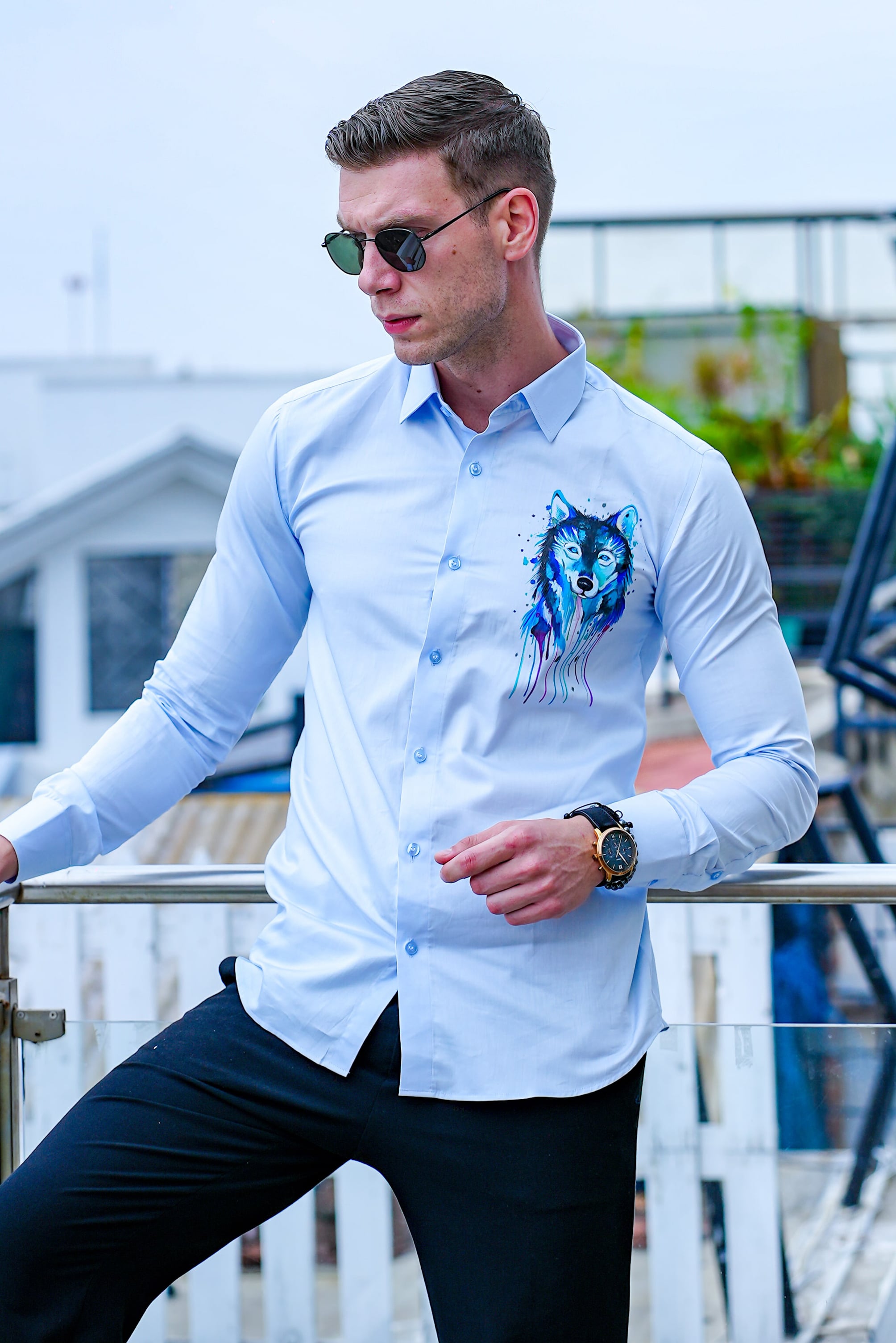 Indigo Wolf Handpainted Cotton Shirt