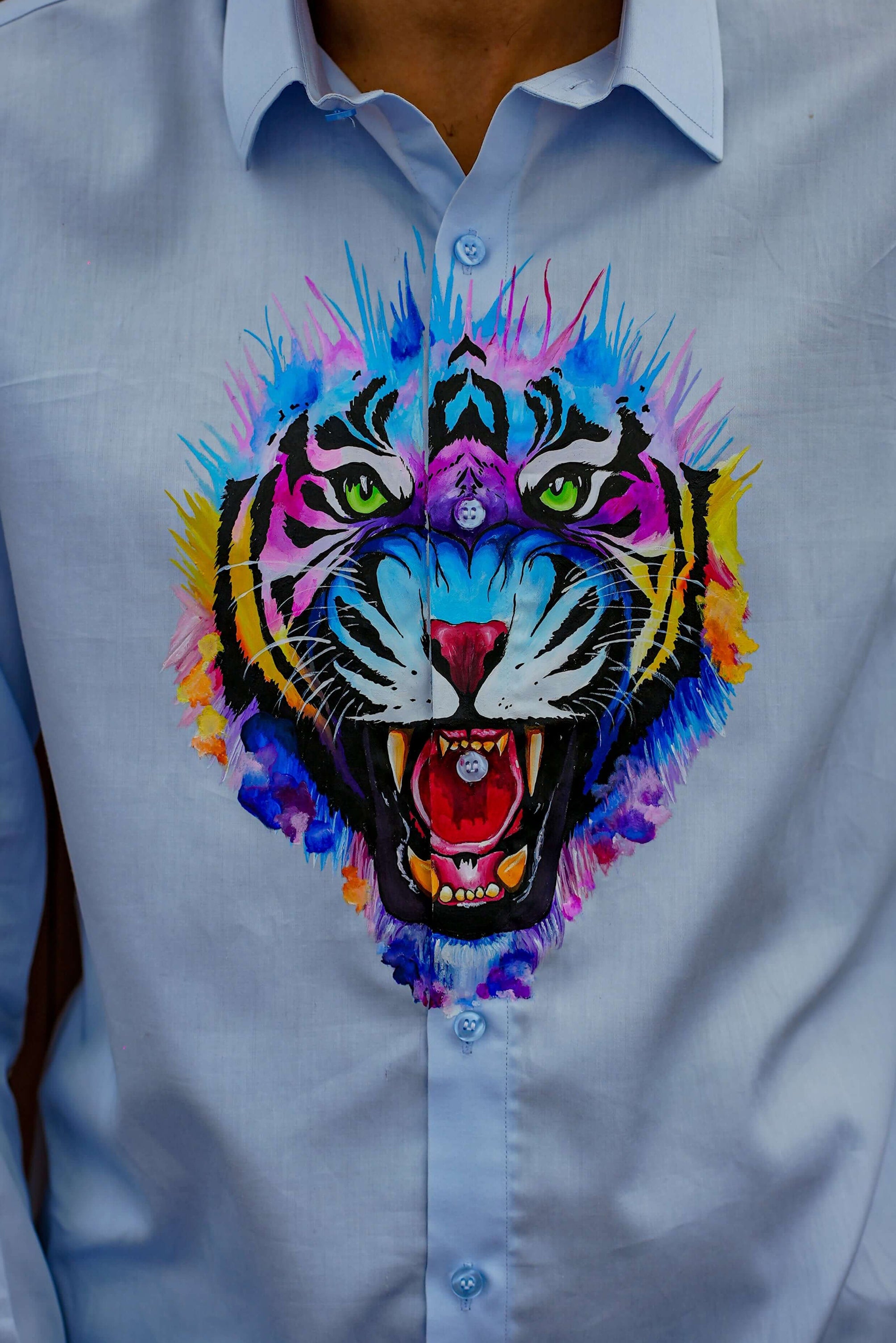 Vibrant Tiger Light Blue Handpainted Shirt