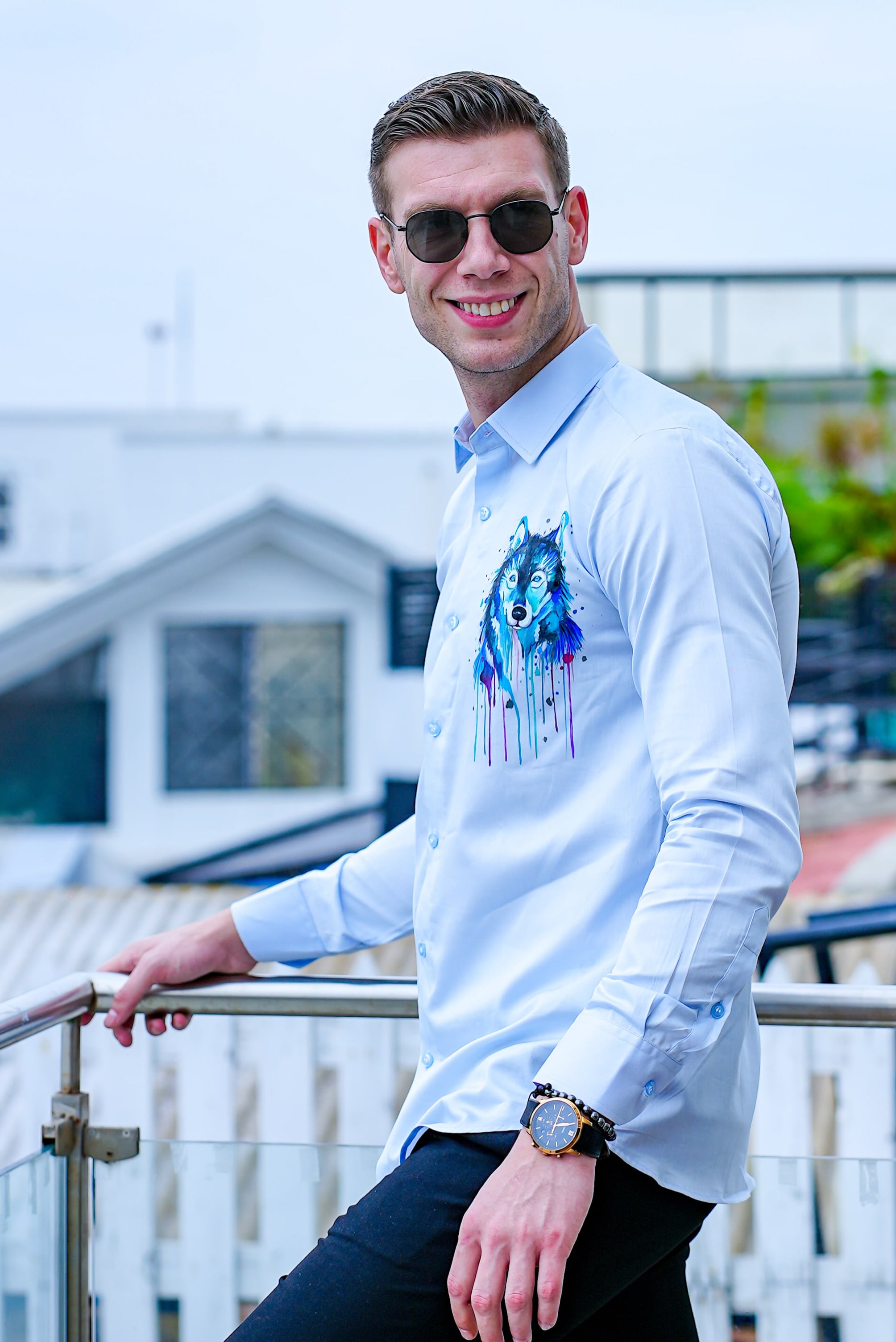 Indigo Wolf Handpainted Cotton Shirt