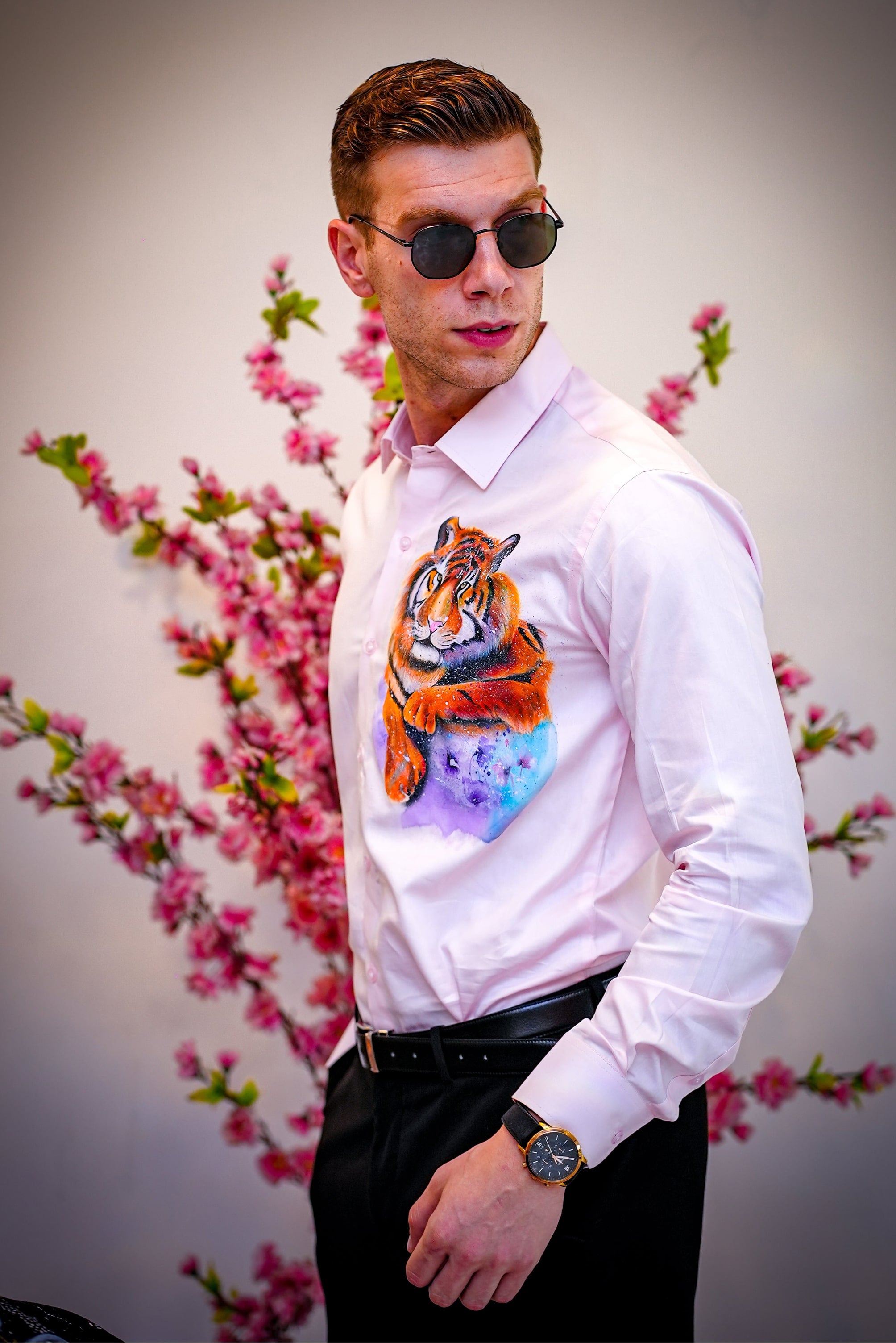 Prowling Tiger Pink Handpainted Shirt