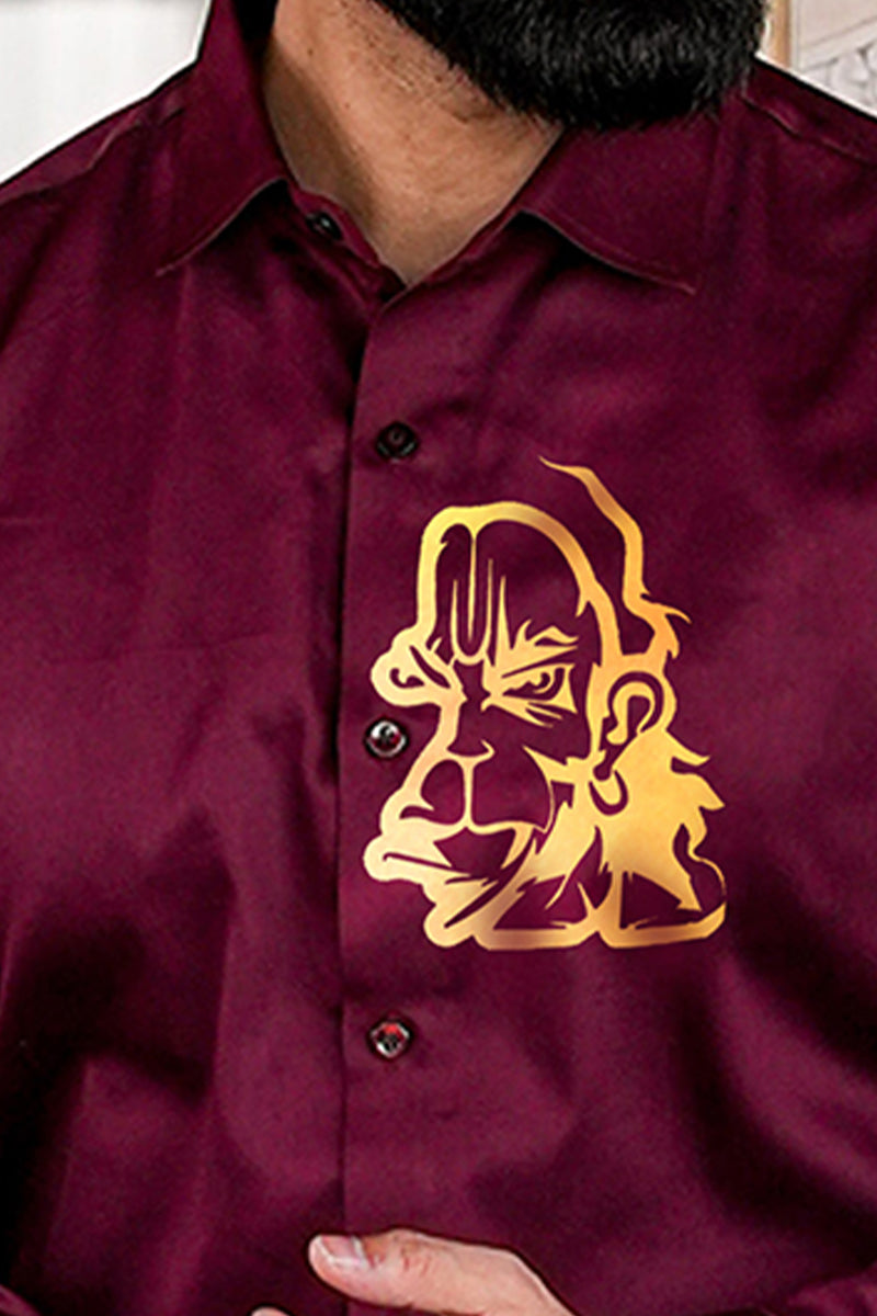 Golden Hanuman Maroon Handpainted Shirt
