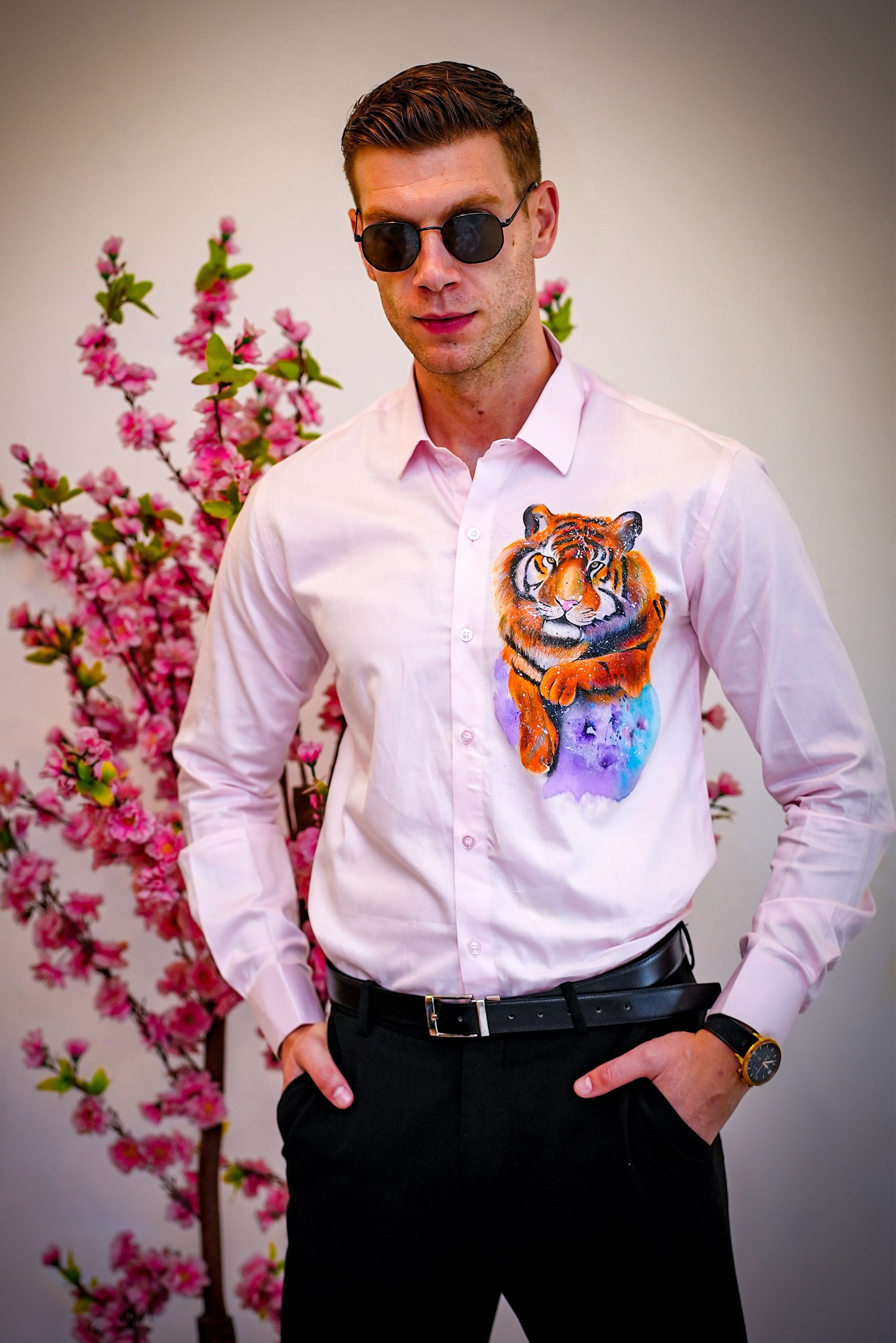 Prowling Tiger Pink Handpainted Shirt
