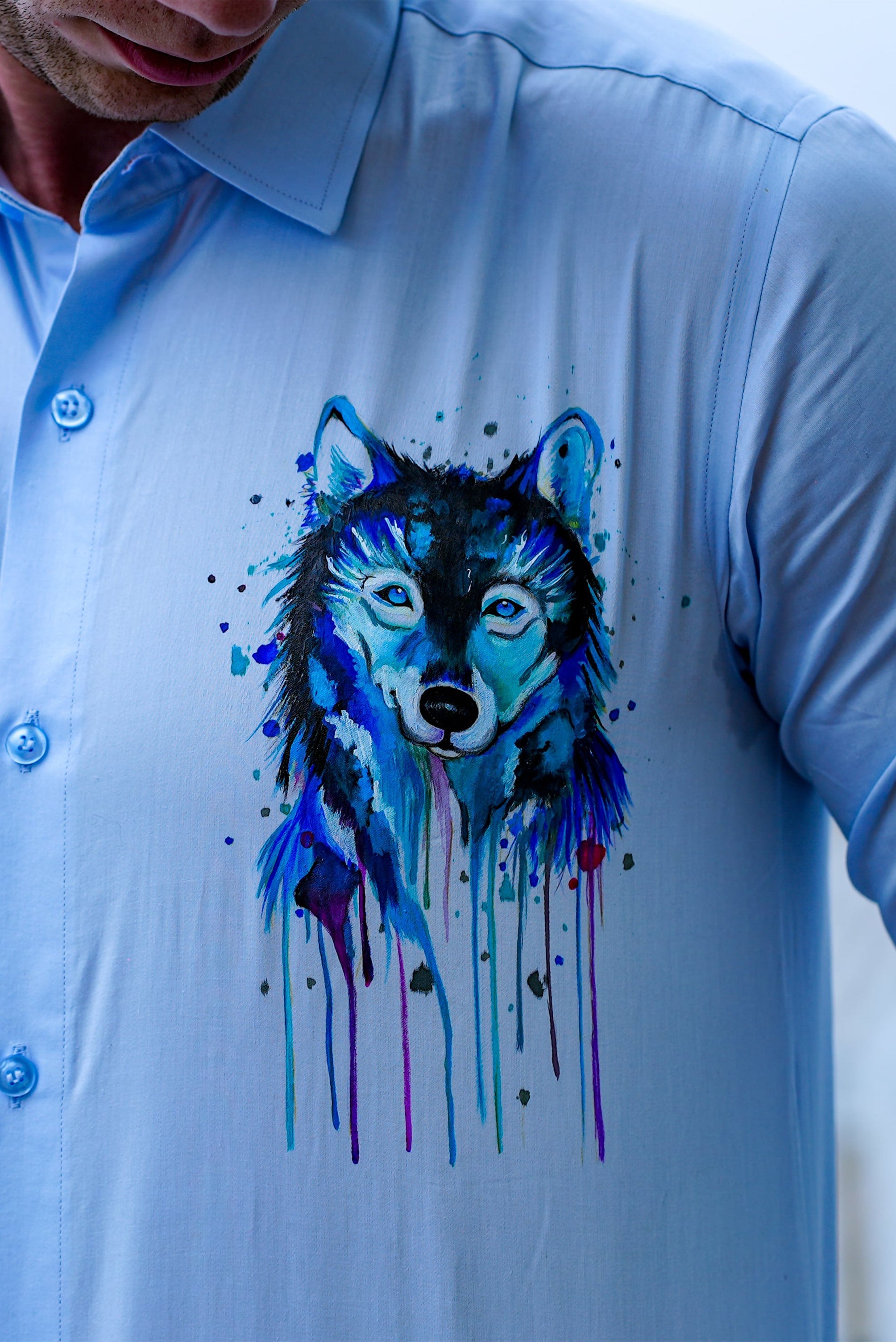 Indigo Wolf Handpainted Cotton Shirt